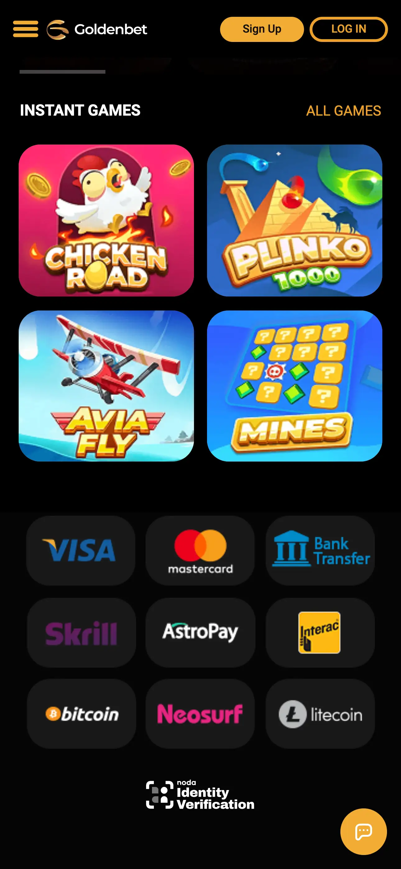 Goldenbet mobile instant games screen
