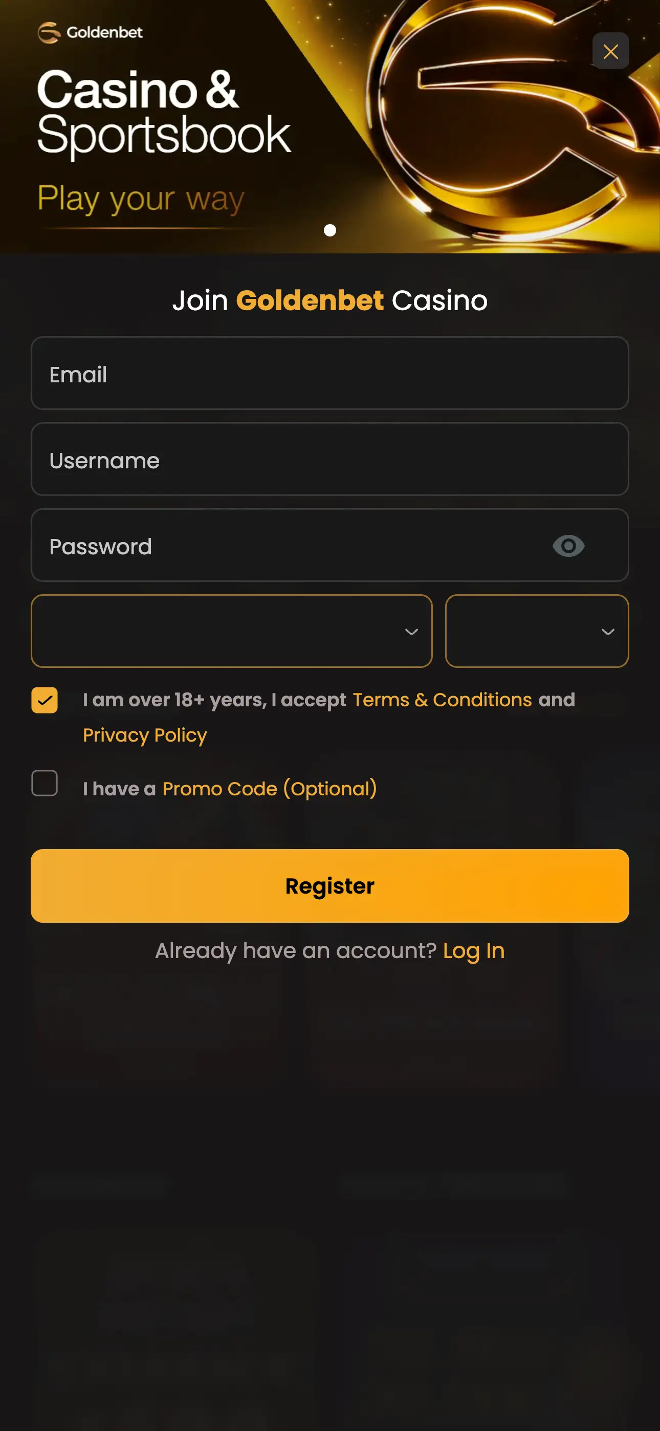 Goldenbet mobile registration form