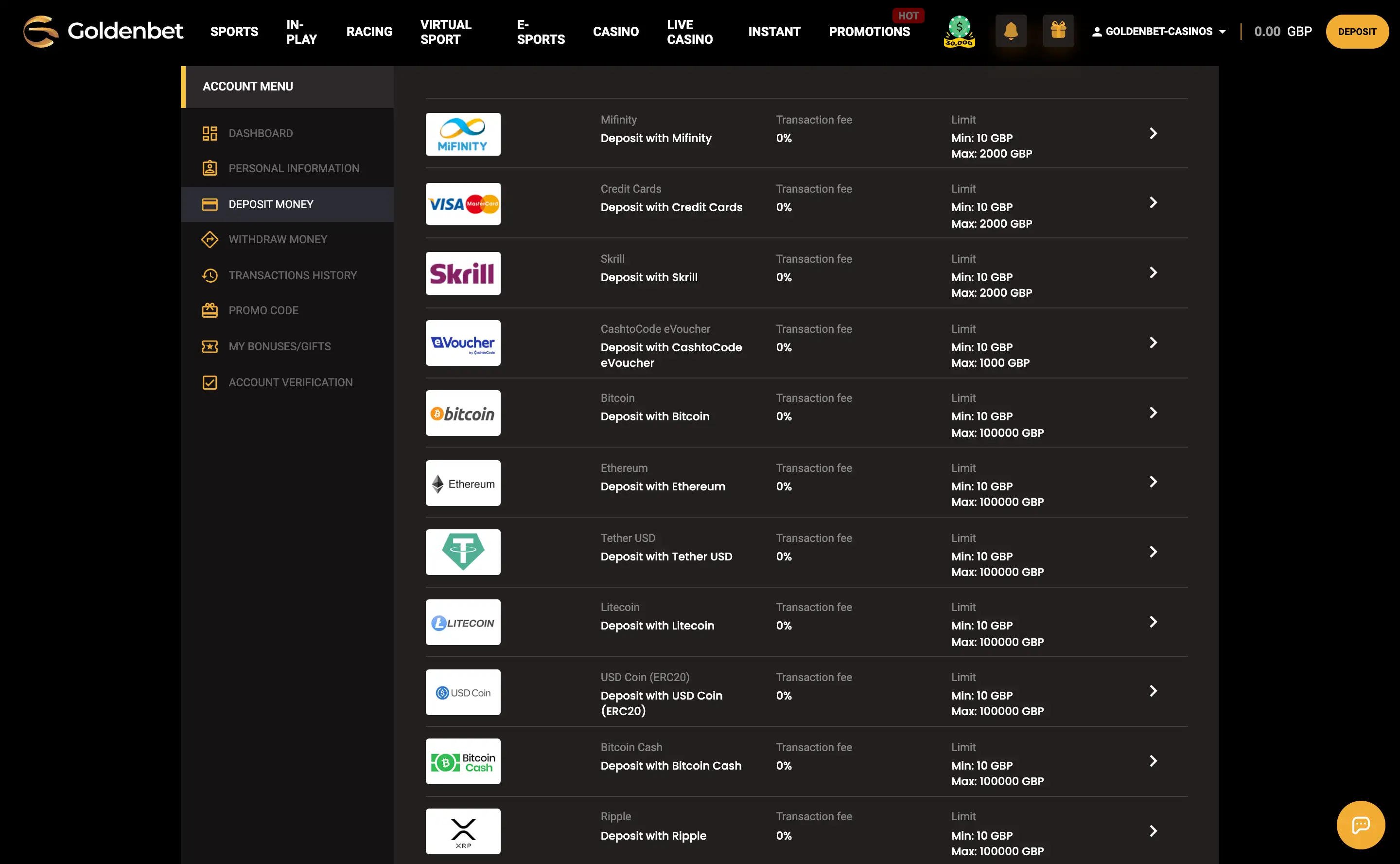 Goldenbet desktop deposit cashier