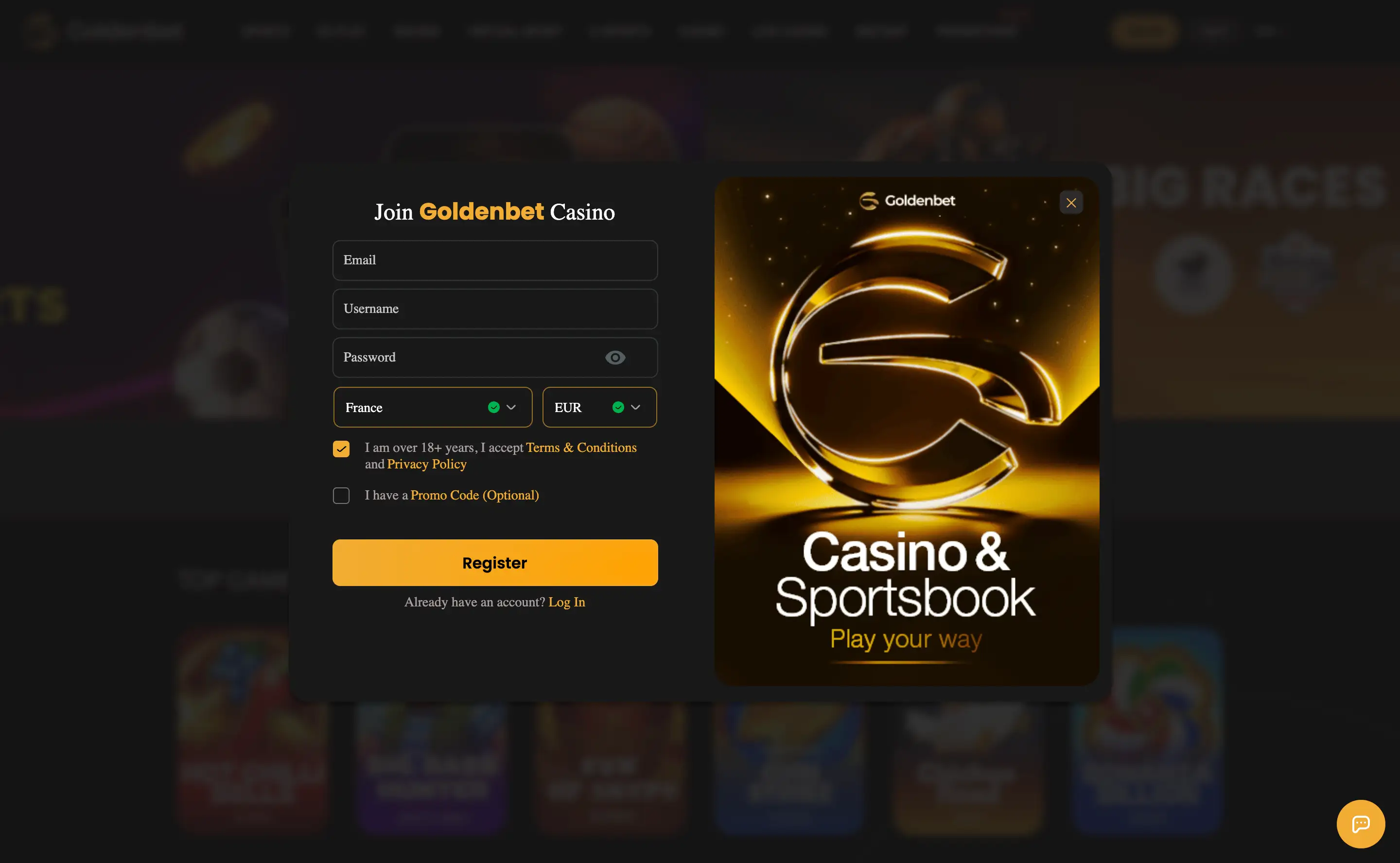 Goldenbet desktop registration form