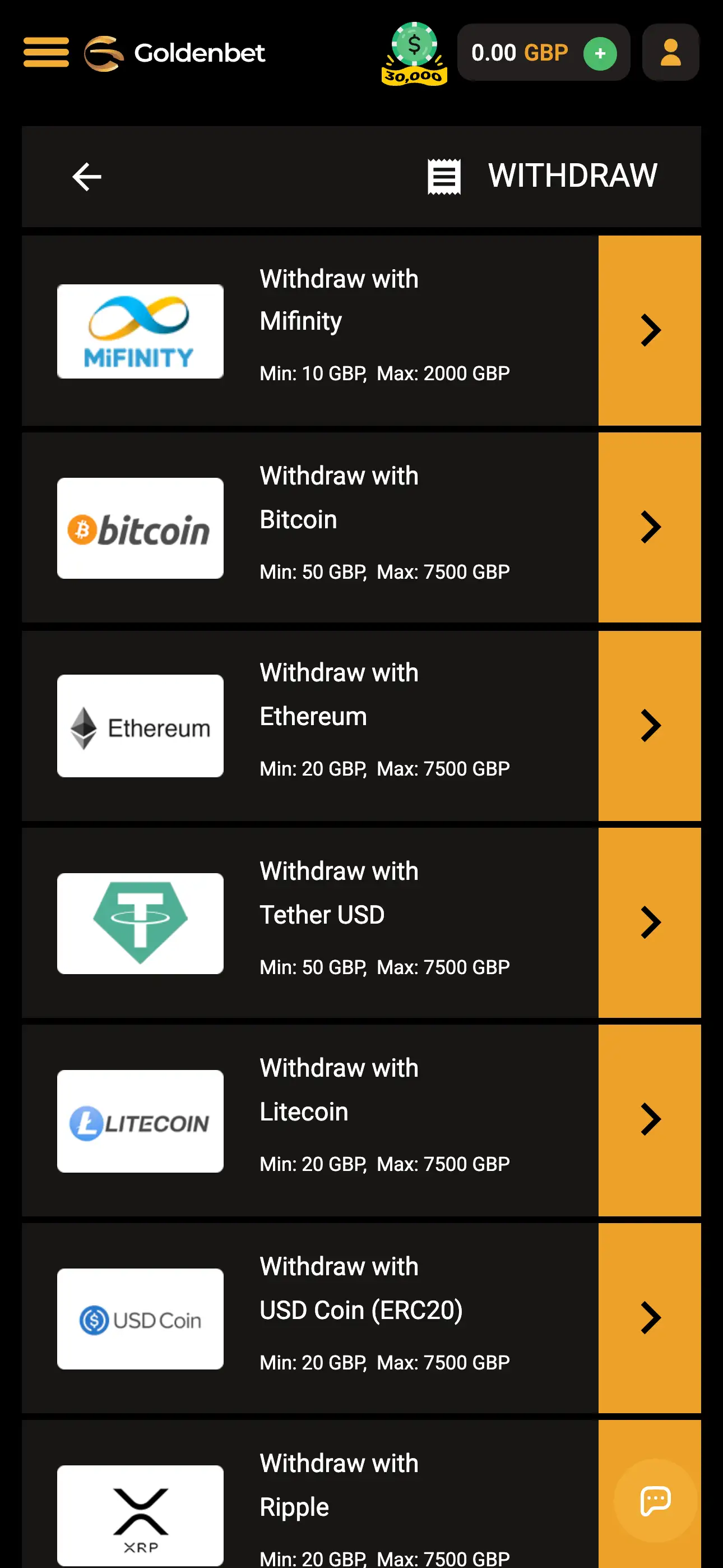 Goldenbet mobile withdrawal page