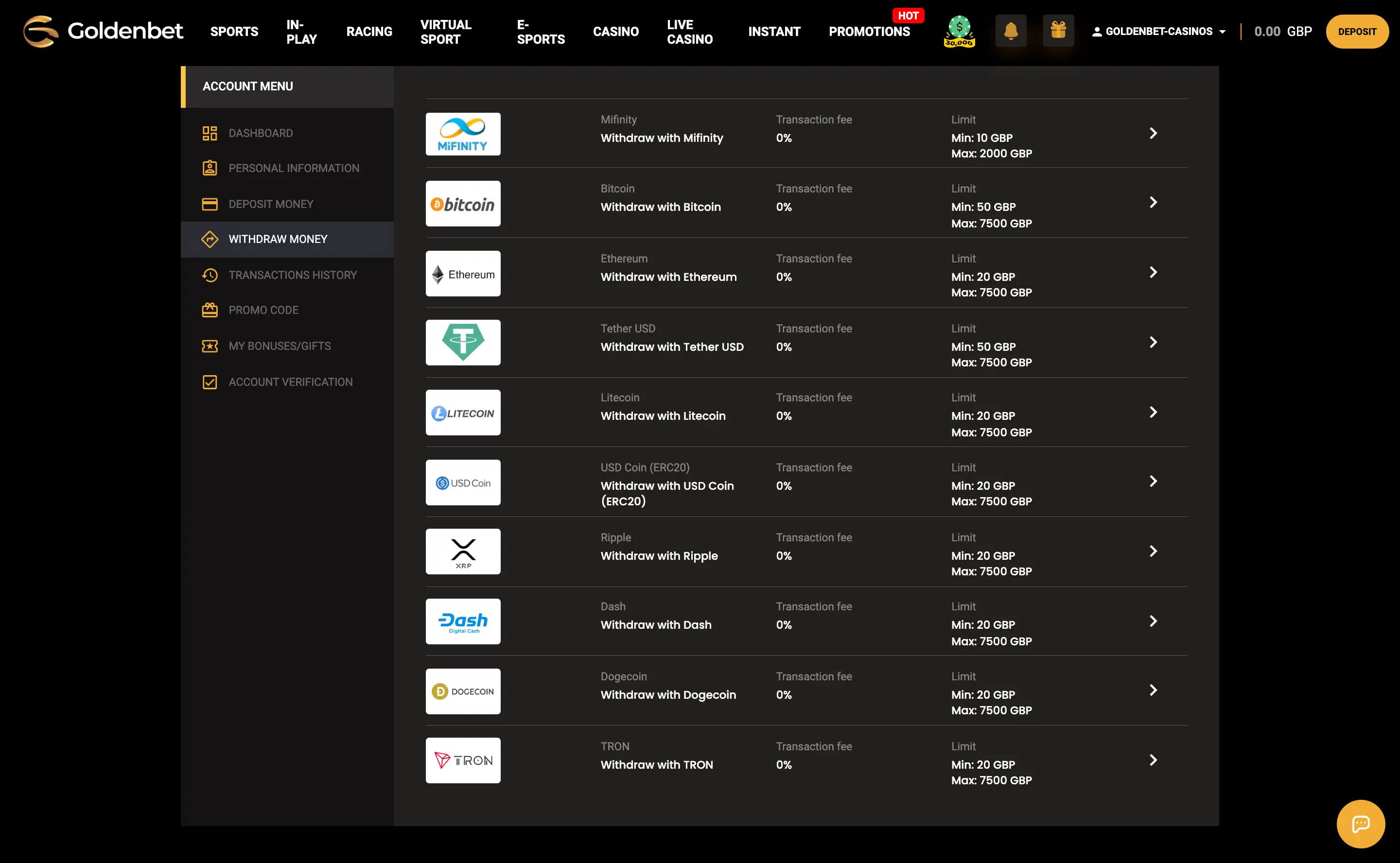 Goldenbet desktop withdrawal page